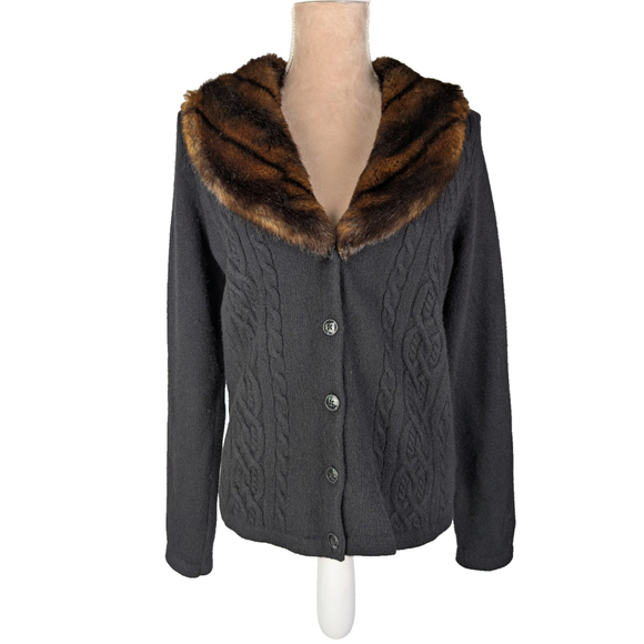 Lauren Ralph Lauren Cable Knit Cardigan Sweater M Black Old Money Equestrian Fur - Picture 2 of 10